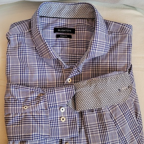 Men's Bugatchi shaped fit button up- Navy/White plaid pattern- Size XXL - Picture 1 of 10